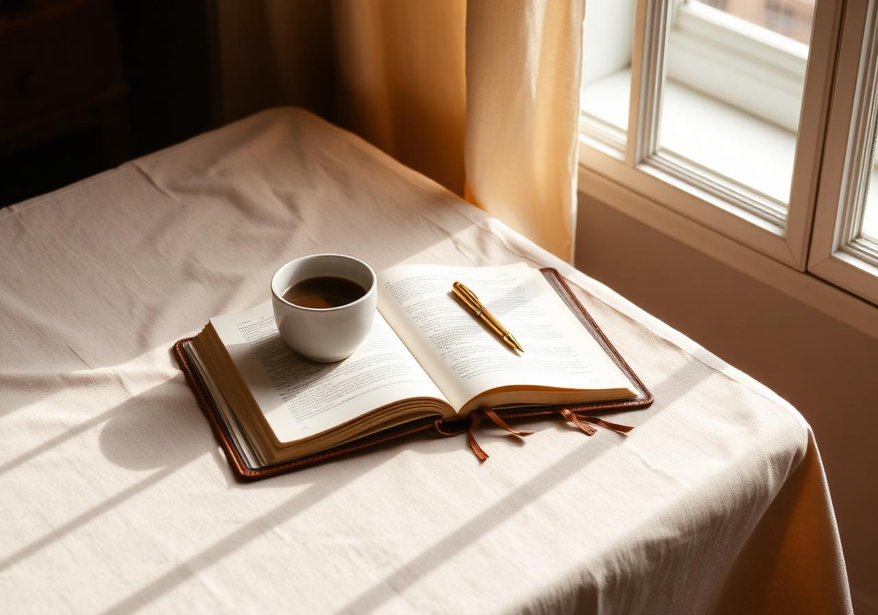 Mesa de trabalho com café e caderno